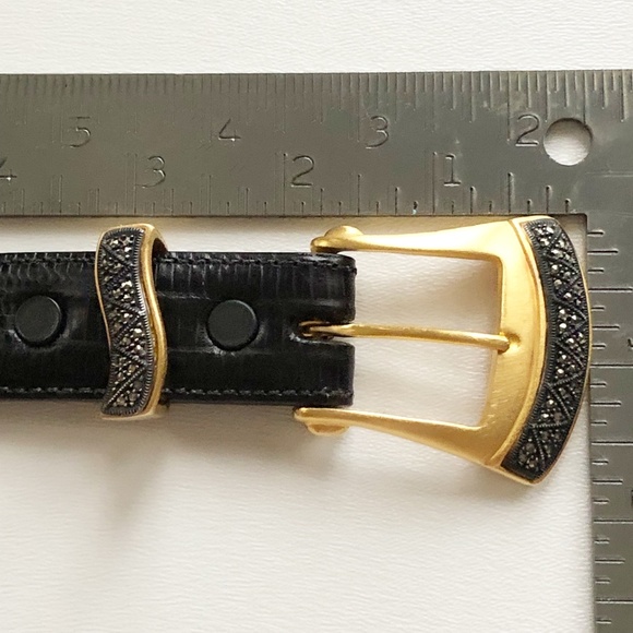 Vtg Judith Jack Gold Tone Buckle w/ Marcasites Black Leather Belt Lizard Sz Sm - Picture 12 of 14